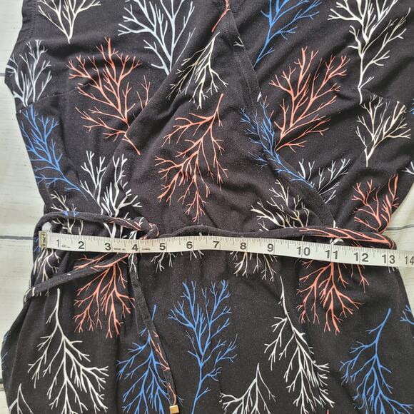 Liz Claiborne Size M Black Dress Branch Print Cap Sleeve Faux Wrap Waist - Picture 6 of 9